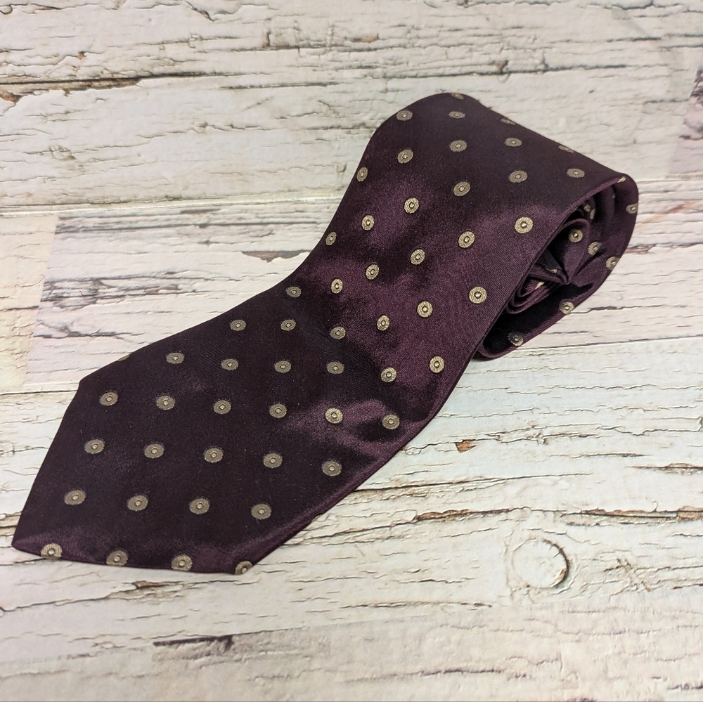 Vintage Chaps Ralph Lauren 100% Silk Burgundy & Gold Polka Dot Neck Tie Made USA